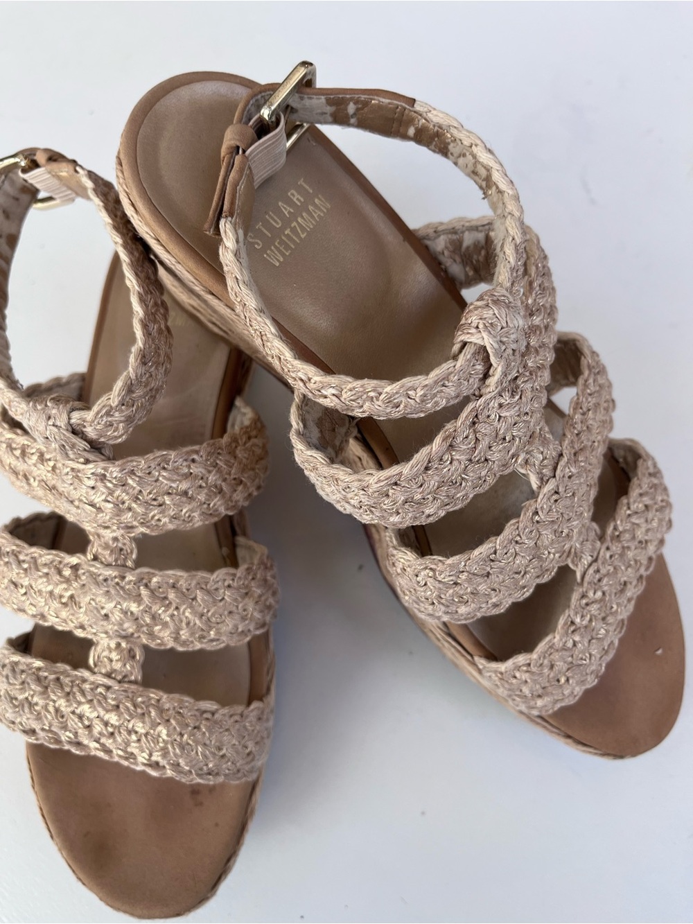 Stuart Weitzman Braided Natural-Tone Wedge Sandals